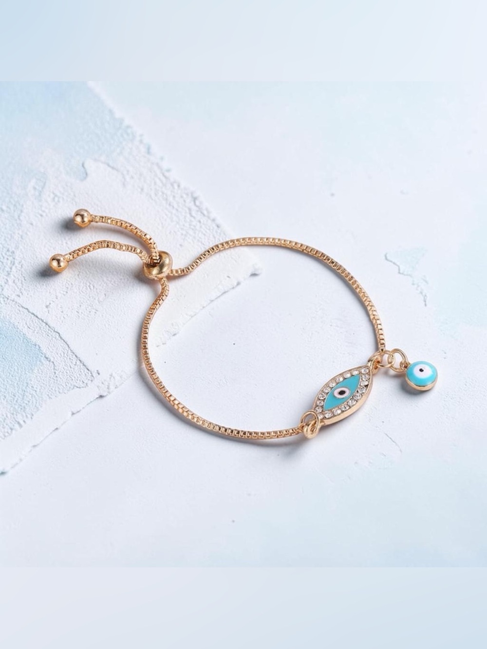 Teal Blue Evil Eye Double Drop Gold Bracelet Coastal Glam | Mediterranean Chic - Picture 2 of 4